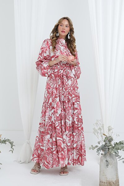 Puane Kadın Kuşaklı Baskı Detaylı Uzun Elbise -12636ELB - Gül