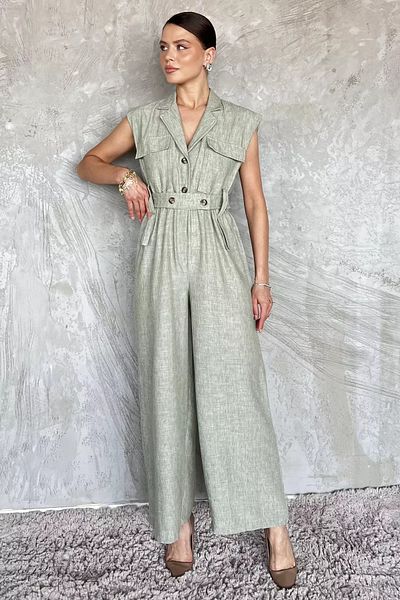 GÜLSELİ Khaki Elastic-Belted Waist Linen Jumpsuit