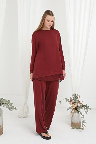Puane Women's Chiffon Transitional Pants Set -14352Tks - Burgundy