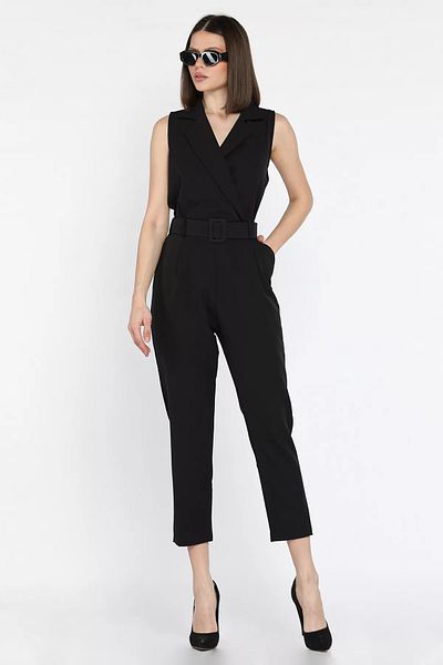 GÜLSELİ Black Belted Double Breasted Collar Zero Sleeve Women's Jumpsuit