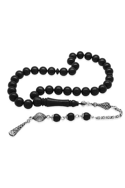 Tesbihane Tarnish Free Metal Albanian Chain Tassel Sphere Cut Ebony Wood Prayer Beads