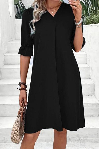 Mossta V-Neck Sleeve Detailed Loose Cut Crepe Dress - Black