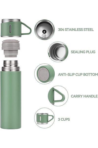 divendi-ro Stainless steel thermos flask 500ml with emptying function, double walled plus 2 mugs, hot and cold