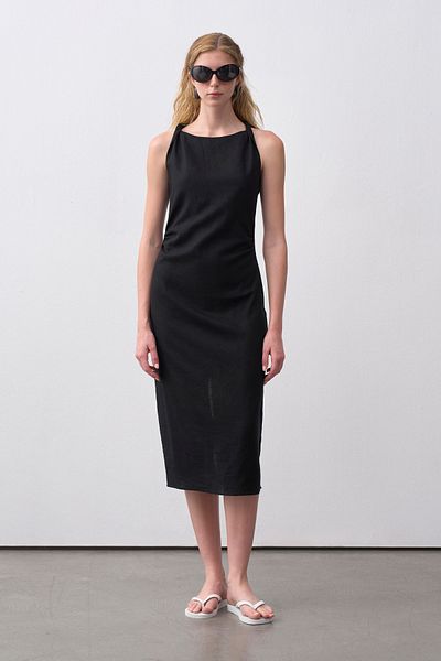 mathilda store Women's Black Linen Midi Dress