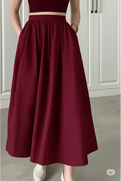 ALYAM BUTİK BORDO POPLİN STANDART BEDEN CEPLİ UZUN ETEK