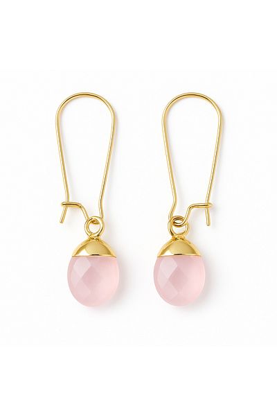 OEM Rose Quartz Earrings, 18k Gold Plated Hoops, Handmade