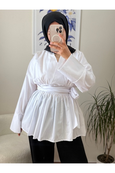 Bahar Altundemir Women's Waist Belted V Neck Poplin Tunic Shirt Hijab White S...