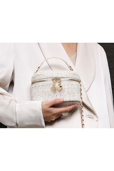 La Saade Ivory Charm- Beige Tweed Zipper Charmlı Hand Arm Bag