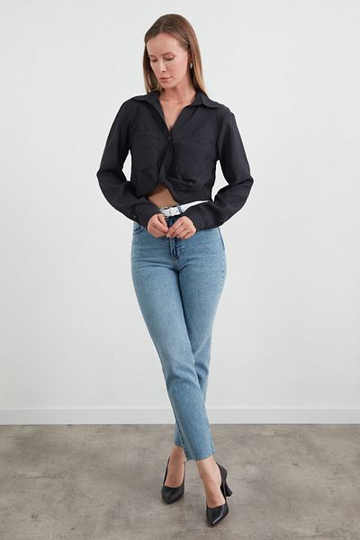Fulla Moda Knotted Front Pocket Crop Shirt