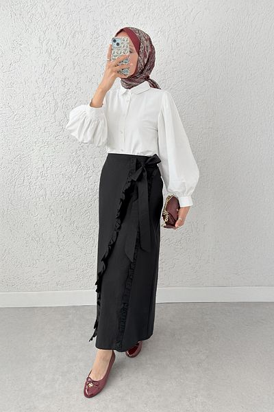 Salih Çelebi Ασύμμετρη Φούστα Frill 2325 - ΜΑΥΡΗ
