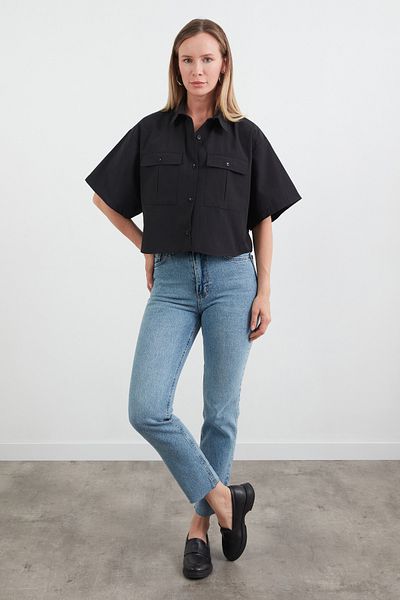 Fulla Moda Basic Double Pocket Long Back Crop Shirt