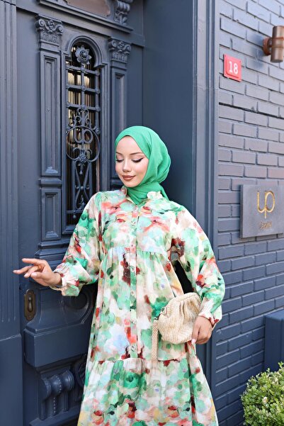 HARMAN BUTİK Women's Comfortable Fit Buttoned Patterned Modal Dress