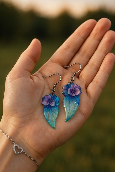 OEM Butterfly wing earrings with floral charm and glitter powder, light cyan, handmade