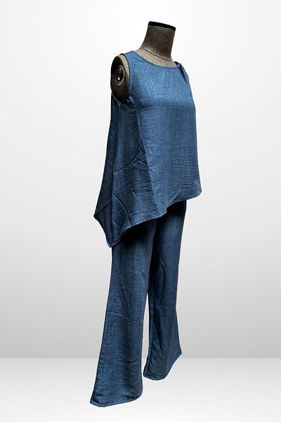 By Saygı Women's Buckle Detailed Skirt Asymmetrical Blouse Elastic Waist Pocket Palazzo Trousers Linen 2 Piece Set