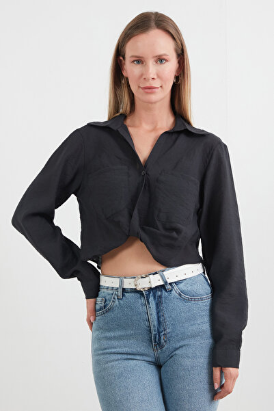 Fulla Moda Önü Düğümlü Cepli Crop Gömlek