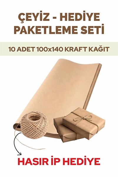 Kraft 100x140 Dekoratif Çeyiz Hediye Ambalaj Paketleme Kağıdı 10 Adet Hasır Ip