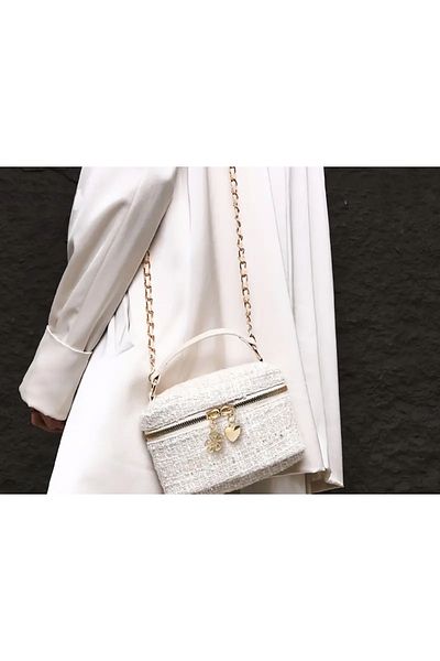 La Saade Ivory Charm- Beige Tweed Zipper Charmlı Hand Arm Bag