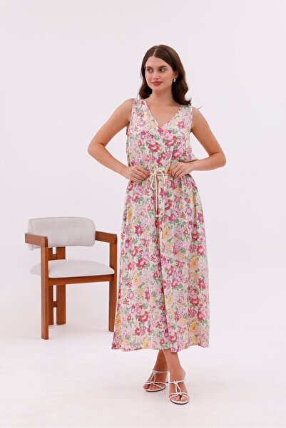 Pulli Collection Patterned Viscose Fabric Lace-Up Long Dress