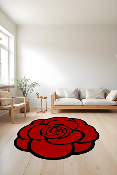 Liriya Dijital Baskı Siyah Kırmızı Dekoratif Makinada Yıkanabilir Salon Halıs...