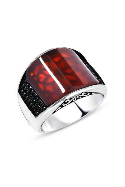 Tesbihane Zirkon Taş İşlemeli Bombeli Akik Taşlı 925 Ayar Gümüş Erkek Yüzük