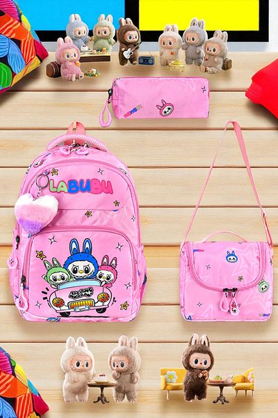 Shopiolog Girl's Primary School Orthopedic Set of 3 Pen Holder Lunch Bag with 3 Compartments Water Bottle