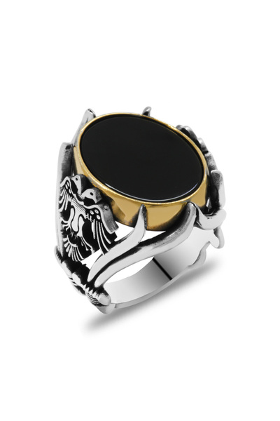 Tesbihane Siyah Oniks Taşlı Yanları Zülfikar Detaylı 925 Ayar Gümüş Erkek Yüzük