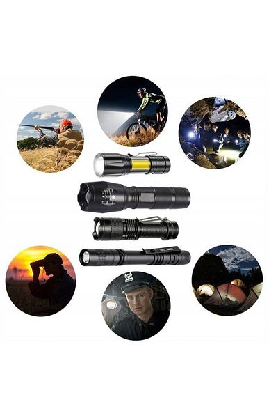 Welora Set of 4 LED Tactical Lanterns, USB Rechargeable, Adjustable Focus, Waterproof, Aluminum, Black
