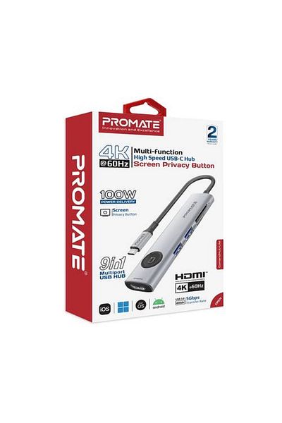 Promate "موزع USB-C متعدد المنافذ 9 في 1 مع زر خصوصية HDMI، منافذ USB-C وUSB-A بسرعة 5Gbps، منفذ HDMI