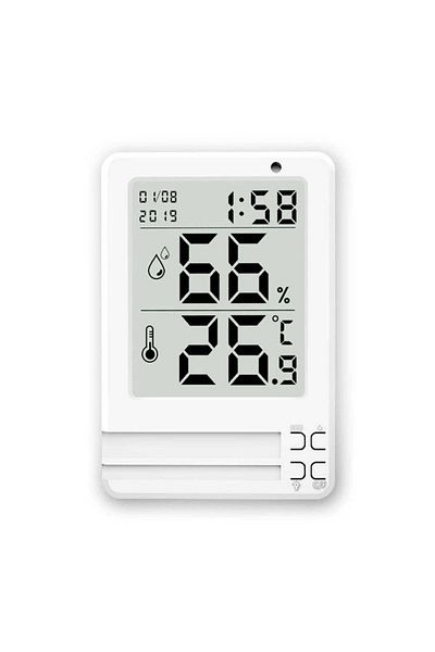 SOLLUXE Hygrometer and digital room thermometer with clock and date display, 3.2" illuminated LCD display, 3
