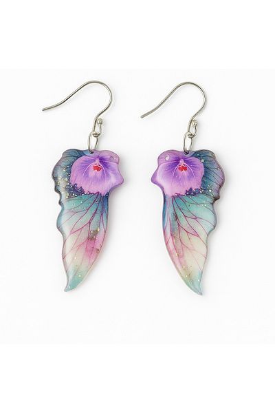 OEM Butterfly wing earrings with floral charm, gold leaf and glitter powder, pale turquoise, handmade