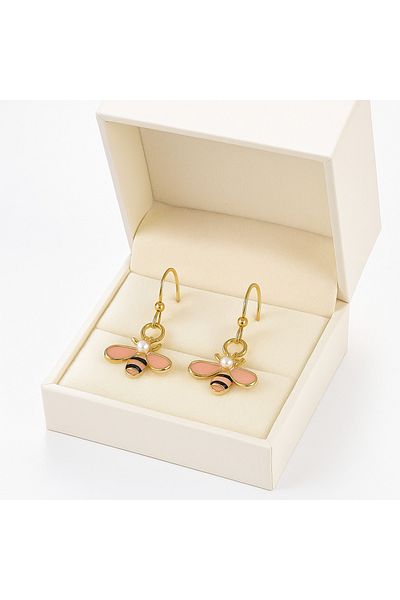 OEM Bee pendant, 18K gold plated hoop earrings – Pink enamel & synthetic pearl, handmade