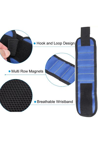 SOLLUXE Magnetic bracelet for holding screws, bits and other tools, blue, adjustable with Velcro, blue