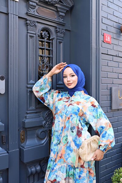 HARMAN BUTİK Women's Comfortable Fit Buttoned Patterned Modal Dress