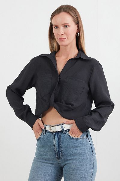 Fulla Moda Knotted Front Pocket Crop Shirt