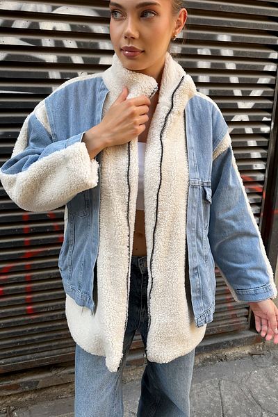 moda armanc Women's Beige Stand Collar Jean Detailed Plush Coat - Oversize Fit