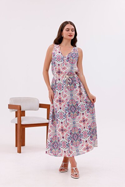 Pulli Collection Patterned Viscose Fabric Lace-Up Long Dress