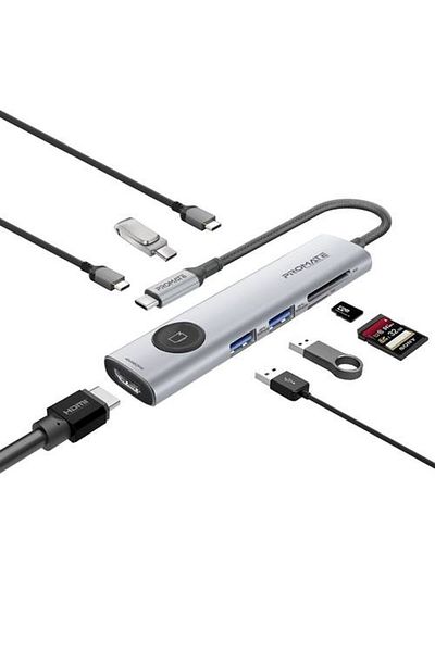 Promate "موزع USB-C متعدد المنافذ 9 في 1 مع زر خصوصية HDMI، منافذ USB-C وUSB-A بسرعة 5Gbps، منفذ HDMI