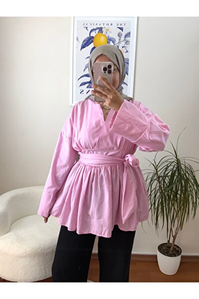 Bahar Altundemir Kadın Bel Kuşaklı V Yaka Poplin Tunik Gömlek Tesettür Pembe ...