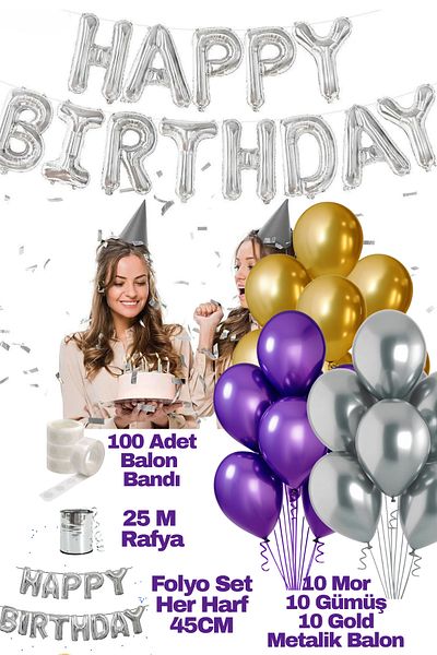 Baloncu Dede Happy Birthday Birthday Set Purple Gold Silver Balloon Set Women Men Girls Children Party Ornaments