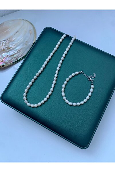 JOVİ ATELİER Sertifikalı 925 Ayar Gümüş Doğal Orta Boy Arpa İnci Kolye ve Bil...