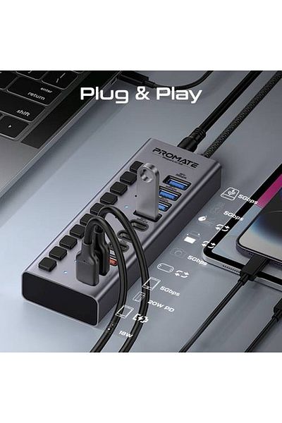 Promate "الأداء الممتاز مع موزع GegaHub-5G متعدد المنافذ 10 في 1، يضم 3 منافذ USB-C و4 منافذ USB-A