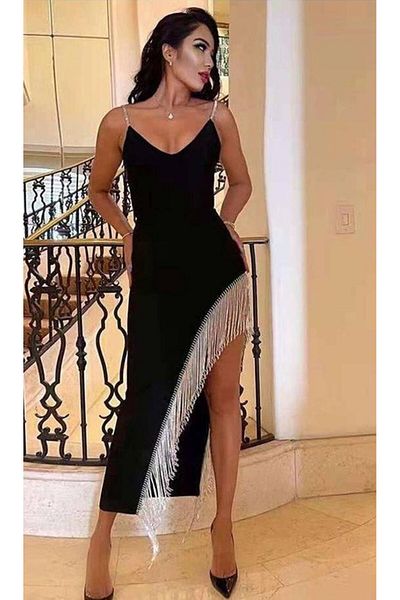 Simala Women's Diver Fabric Fringed Stone Strap Midi Length Dress