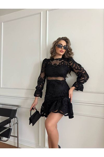 369 etnik butik Μίνι φόρεμα με δαντέλα με διάφανη επένδυση - Ασπρόμαυρη επιλογή χρώματος
