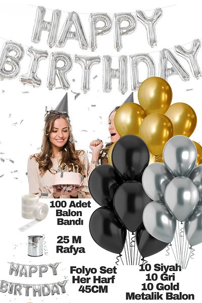 Baloncu Dede Copy - Happy Birthday Birthday Set Black Grey Gold Balloon Set Women Men Girls Children Party Ornaments