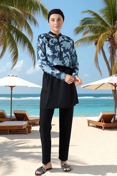 Aselim Hijap Moda Blue Fish Patterned Quick Dry Black Hijab Swimsuit Set |   Size 38-44