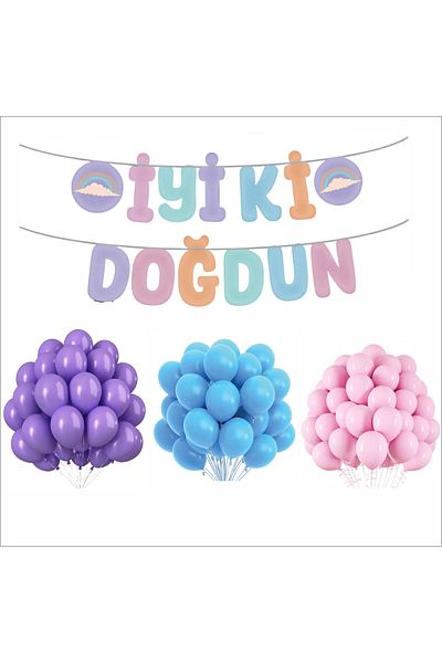 ZENVİVA Macaron Banner+ Purple, Blue, Pink Balloon Set