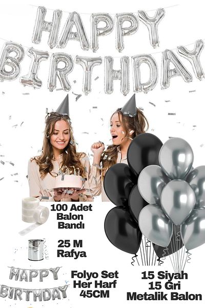 Baloncu Dede Happy Birthday Birthday Set Black Gray Balloon Set Women Men Girls Children Party Ornaments