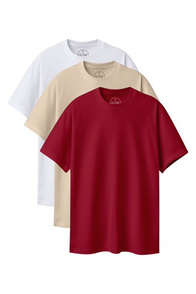 Velvoria Unisex supradimensionat basic 3-bucăți Alb Bej Roșu Claret Culoare t...