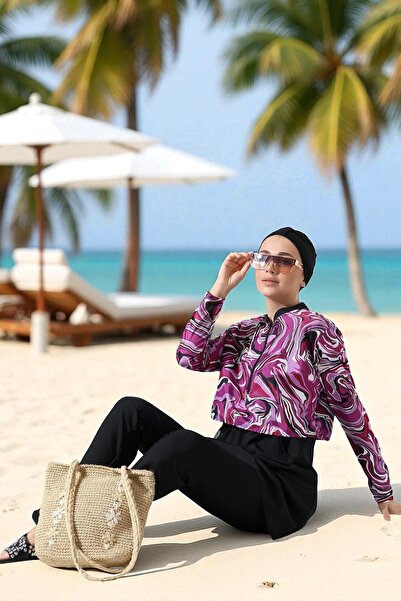 Aselim Hijap Moda Purple Patterned Quick Dry Black Hijab Swimsuit Set |   Size 38-44