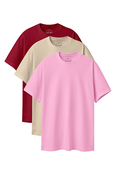 Velvoria Unisex supradimensionat basic 3-bucăți Bordeaux Bej Roz Culoare tricou